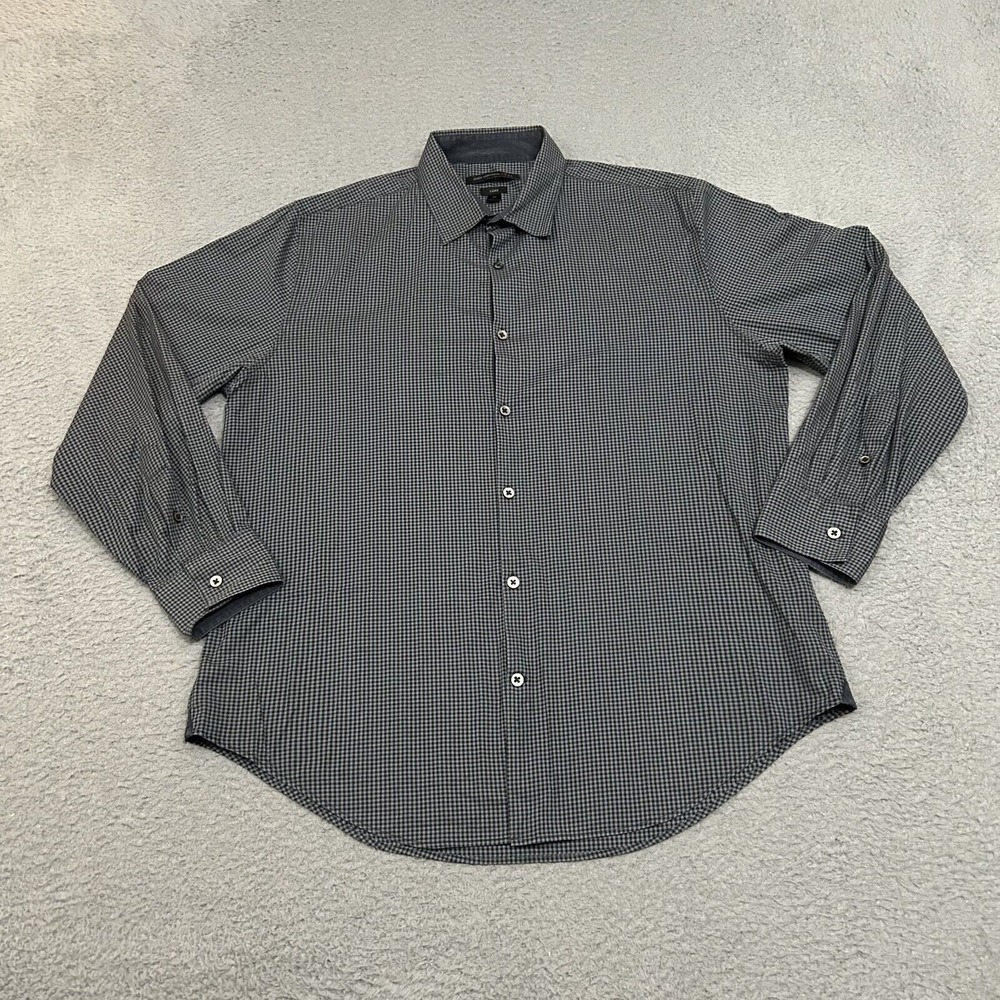 John Varvatos‎ Shirt Mens Medium Gray Black Gingham Plaid Luxe Button Up Adult